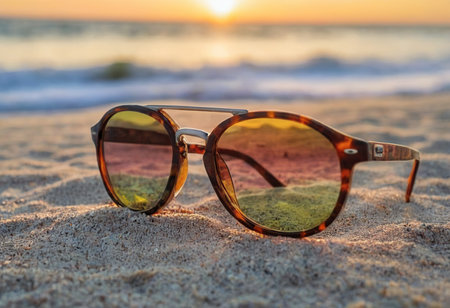 Sunglasses on the beach at sunset. selective focus.の素材