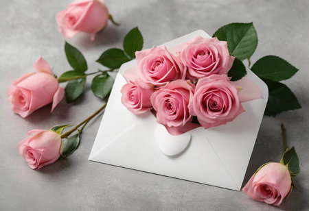 Beautiful bouquet of pink roses and envelope on gray table, closeupの素材