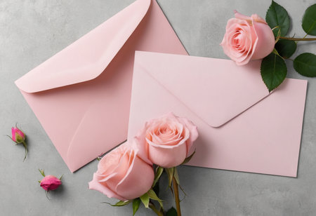 Pink roses and envelope on gray background, flat lay. Space for textの素材