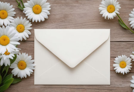 Envelope and daisies on a wooden background, top viewの素材
