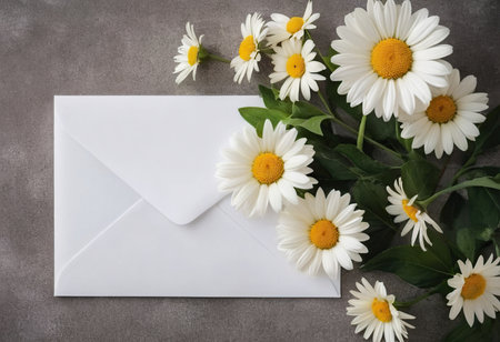 Bouquet of daisies and an envelope on a gray backgroundの素材