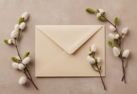 Envelope with willow branches on beige background, top viewの素材