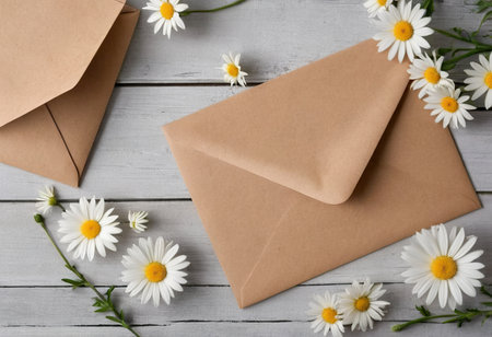 Envelope with chamomile flowers on white wooden backgroundの素材