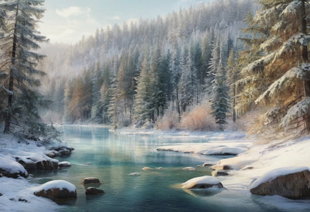 Beautiful winter landscape with mountain river and coniferous forest.の素材