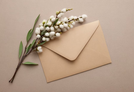 Envelope and willow twigs on a beige backgroundの素材