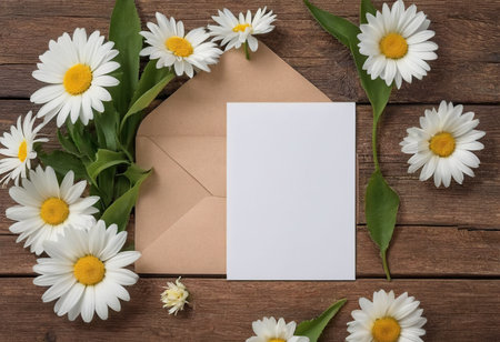 White daisies and envelope on wooden background. View from aboveの素材