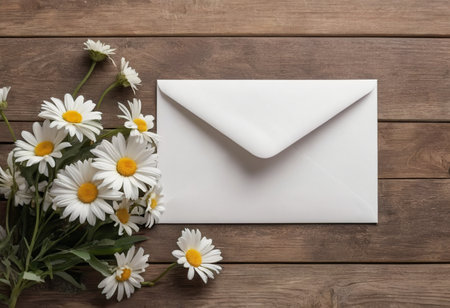 Envelope and bouquet of daisies on wooden backgroundの素材