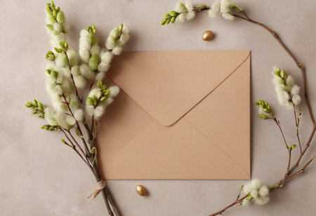 Envelope with blooming willow branches on beige backgroundの素材