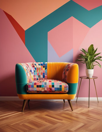 Interior of modern living room with colorful walls, wooden floor, yellow sofa and plant. 3d renderの素材