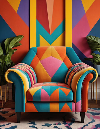 Interior of a modern living room with a sofa and colorful wallpaperの素材