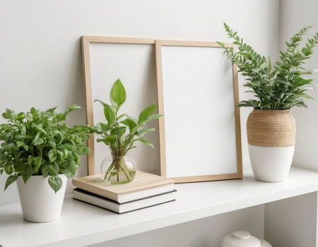 Wooden frame mockup with green plants in vase on shelfの素材