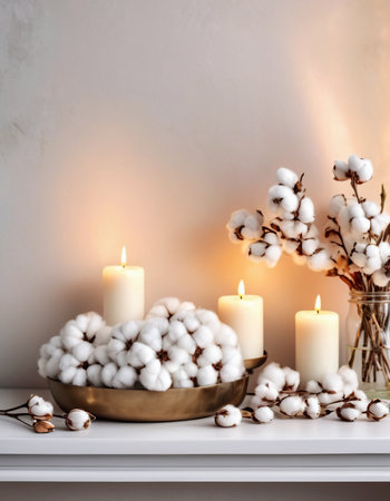 Beautiful burning candles and cotton flowers on mantelpiece in roomの素材