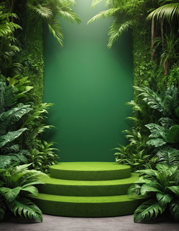Green podium and tropical plants, 3d rendering. Computer digital drawing.の素材