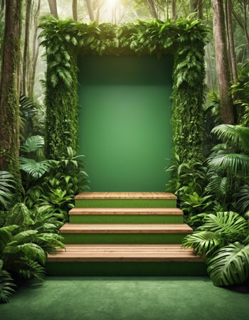 3d render of green stairway in tropical jungle with plants.の素材