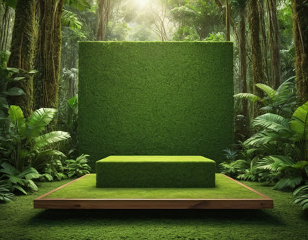 3d rendering of green podium for product display in the jungle.の素材