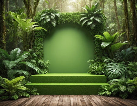 Green podium in the tropical jungle. 3d render illustration design.の素材