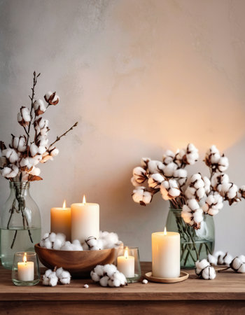 Burning candles and cotton flowers in vase on wooden shelf near light wallの素材