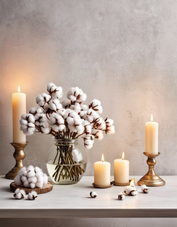 Burning candles and cotton flowers in vase on white shelf.の素材