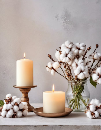 Burning candles with cotton flowers in glass vase on white tableの素材