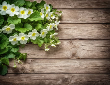 Primrose flowers on wooden background. Top view with copy space.の素材
