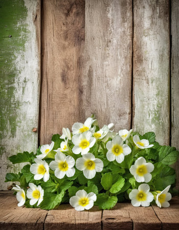 Primula vulgaris flowers on old wooden background with copyspaceの素材