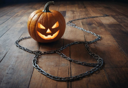 Halloween pumpkin and chain on a wooden background. Halloween concept.の素材