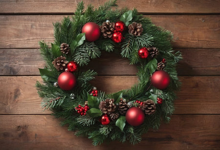 Christmas wreath on wooden background. Top view with copy space.の素材