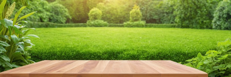 Empty wooden table in front of green grass background. For product displayの素材
