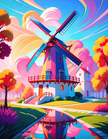 Beautiful landscape with windmill in the autumn season. Vector illustration.の素材