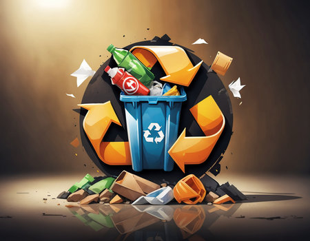 Recycling concept with trash can and recycling symbol on dark backgroundの素材
