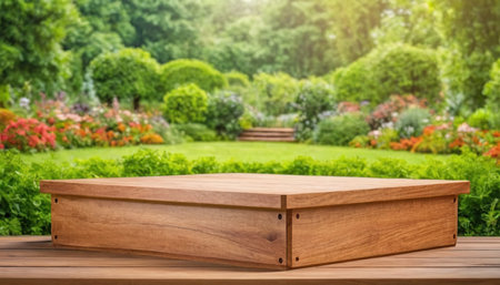 Wooden box on wooden table and blurred garden background, product displayの素材