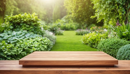Wooden table top on garden background with copy space for product displayの素材