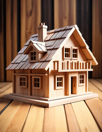 Wooden house model on wooden background. Real estate and property concept.の素材