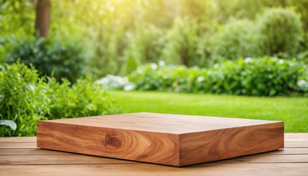 Wooden table top on natural green garden background. Mock up for designの素材