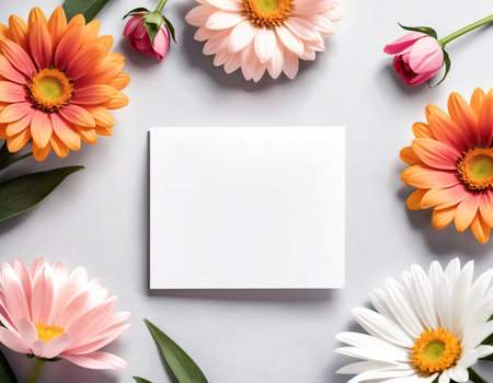 Flowers composition. Frame made of flowers on gray background. Flat lay, top view, copy spaceの素材