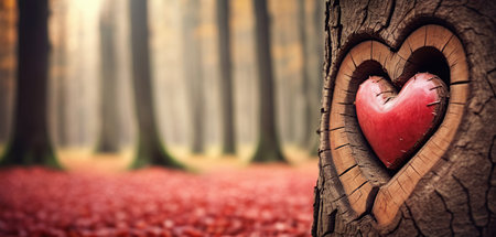 Valentine's Day background with heart shaped tree trunk on blurred backgroundの素材