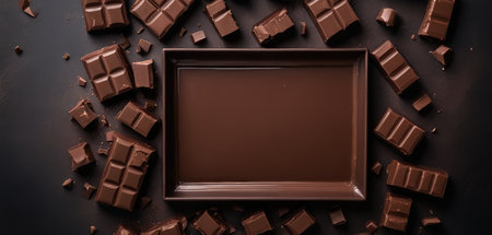Chocolate pieces in a box on a black background, top viewの素材
