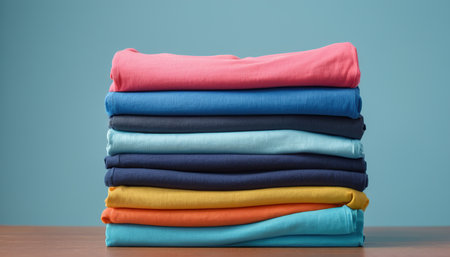 Stack of colorful clothes on wooden table with blue background. Selective focus.の素材