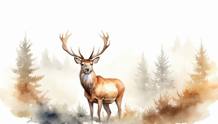 Watercolor painting of a deer in the forest. Vector illustration.の素材