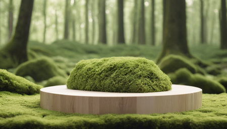 Green moss on wooden podium in green forest. 3D rendering.の素材