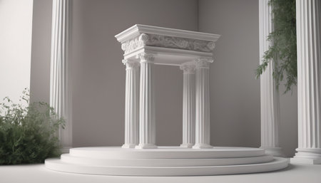 3d render of a white marble podium with columns in the roomの素材