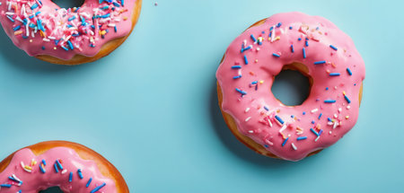 Donuts with pink glaze and sprinkles on a blue backgroundの素材
