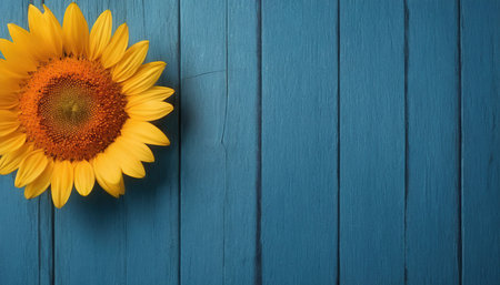 Sunflower on blue wooden background. Top view with copy space.の素材