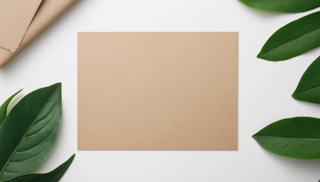 Blank brown paper envelope with green leaves on white background, top viewの素材