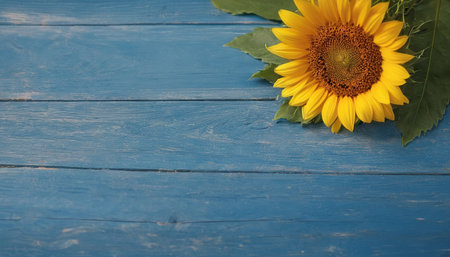 Sunflowers on blue wooden background. Top view with copy spaceの素材