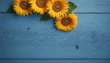 Top view of sunflowers on blue wooden background with copy spaceの素材