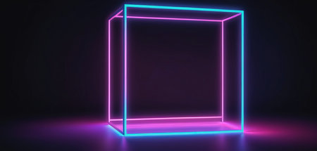 3D rendering of a neon box in a dark room with ultraviolet lightsの素材