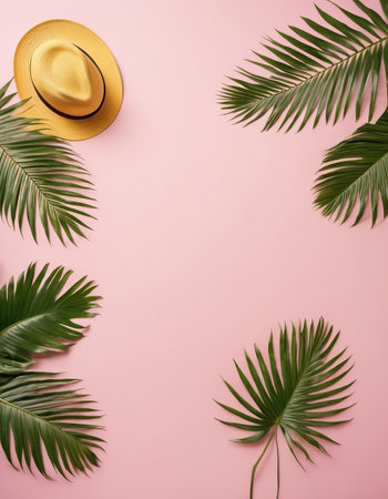 Summer composition. Tropical palm leaves and hat on pink background. Flat lay, top view, copy spaceの素材