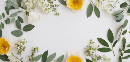 Flowers composition. Frame made of eucalyptus branches, green leaves and yellow flowers on white background. Flat lay, top view, copy spaceの素材