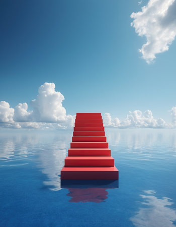 staircase to heaven on blue sky background with clouds 3d renderの素材